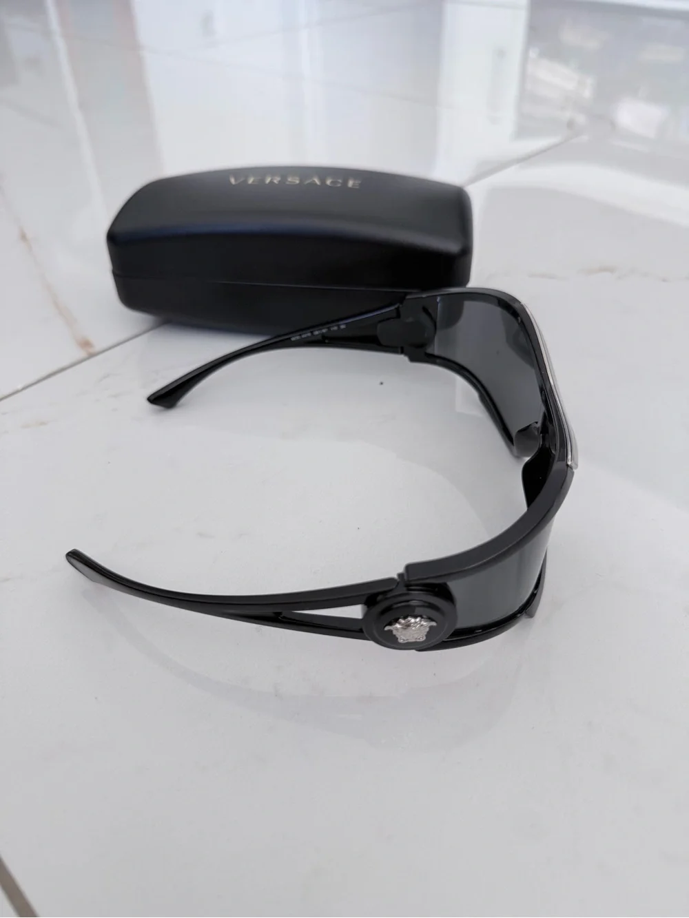 Versace Men’s Black Sunglass Shield with Silver Logo Bar